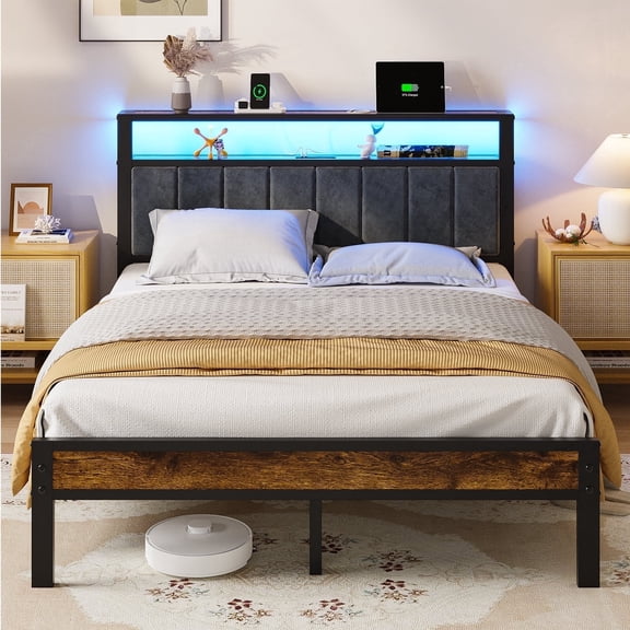 Kbun Queen Bed Frame with Storage Shelves & LED Light Headboard, Metal Platform Bed Frames with USB and Type-C Charging Station, No Box Spring Needed