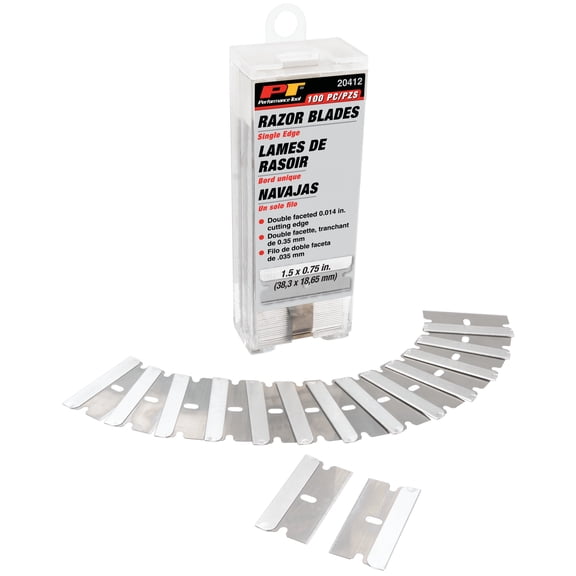 Performance Tool 20412 100 Pack of Single Edge Steel Razor Blades - Carbon Steel, Utility Blades, Storage Box