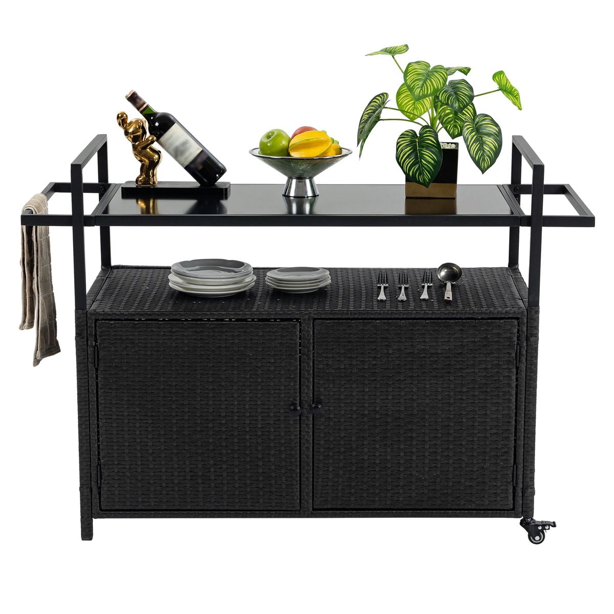 Sailvan Outdoor Wicker Bar Cart, Rolling Patio Serving Cart with Glass Top & Wheels for Backyard Poolside Party, Black