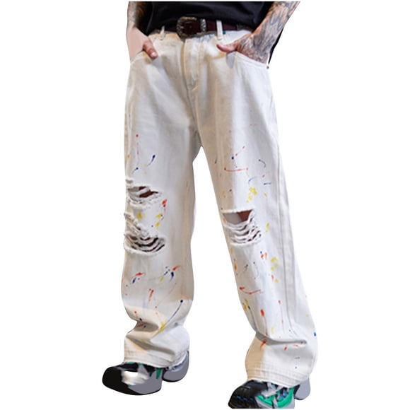 Lovzfmll Men's Splatter Paint Distressed Denim Cargo Pants, Washed Finish, Solid Color, Urban Utility Style White, 2XL
