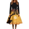 thumbnail image 4 of Halloween Dresses for Women Bat Cocktail Crew Neck Vintage Tea Length Dress Pumpkin 1950s Long Sleeve Novelty Dresses with Belt 2XL, 4 of 5
