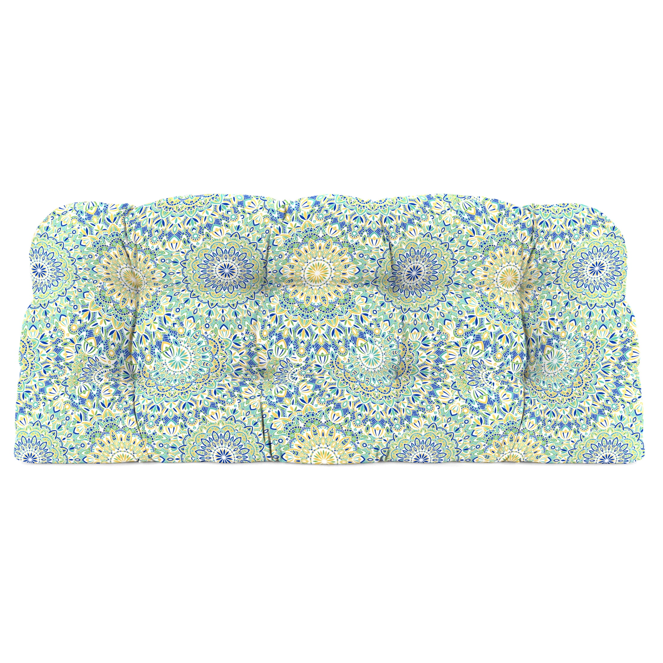 Jordan Manufacturing 44" x 18" Alonzo Fresco Blue and Green Medallion Rectangular Tufted Contoured Outdoor Wicker Settee Bench Cushion