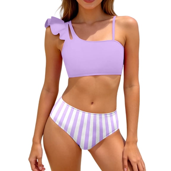 Girls Two Piece Swimsuit Solid Color Bathing For Kids Youth Teen Summer Beach Pool Swimwear 8 16/Light Purple/8Y