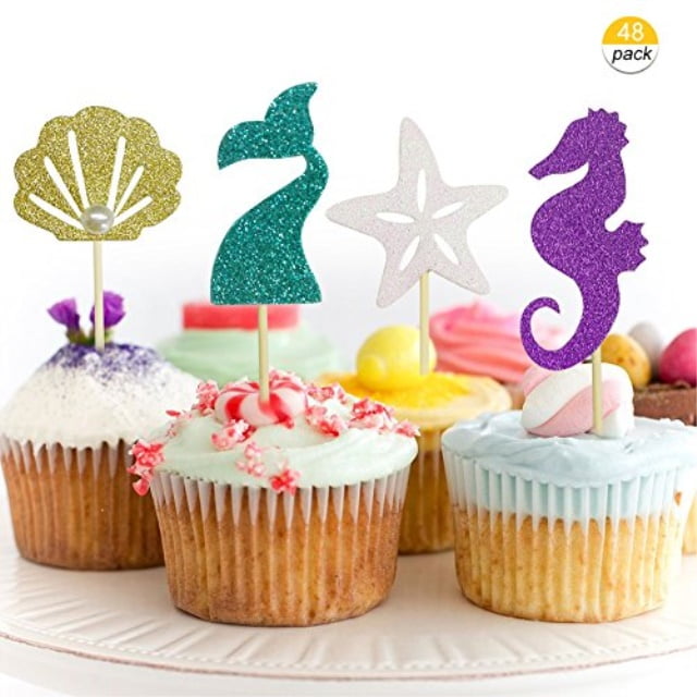 24 Gold Glitter Under The Sea Themed Cupcake Toppers Baby Shower