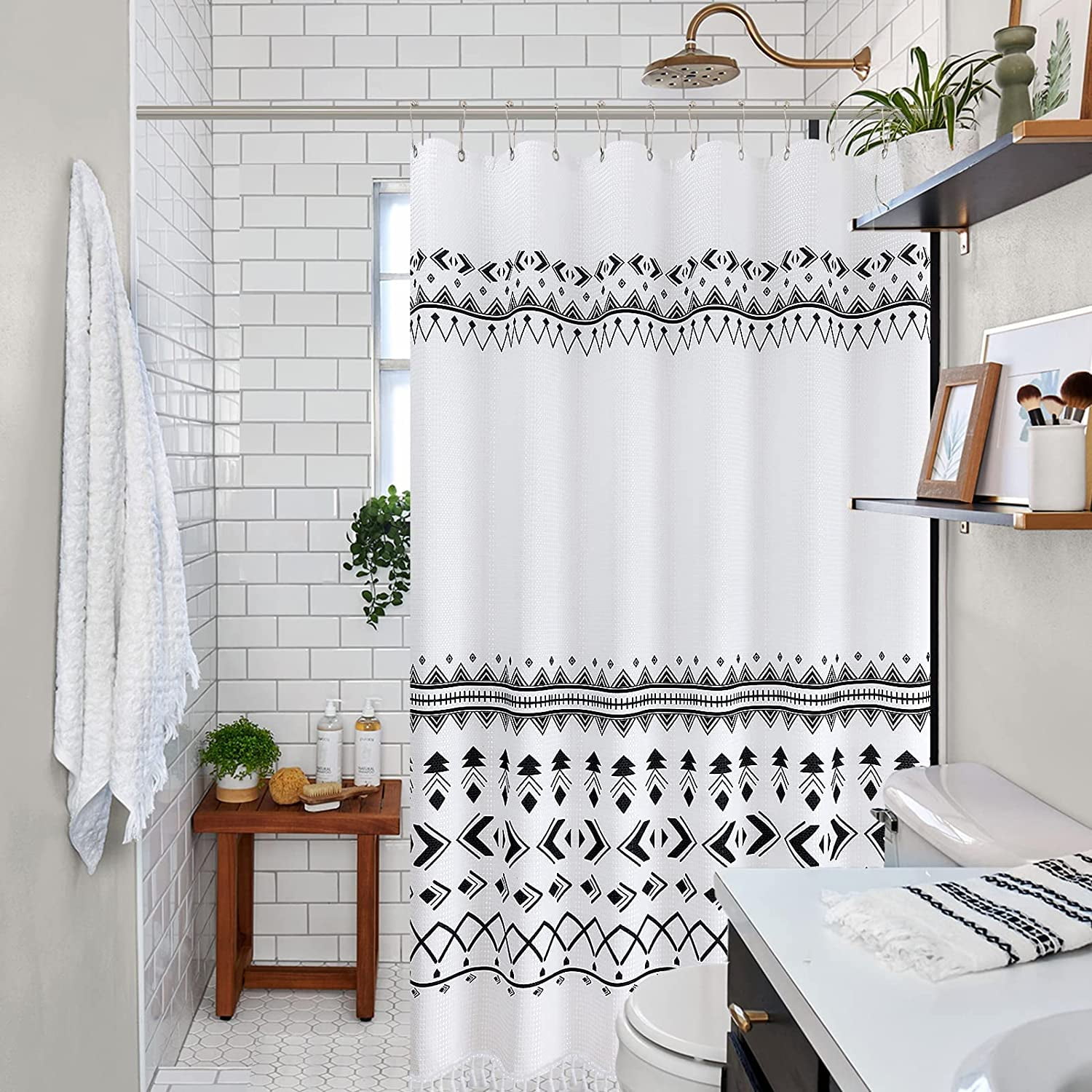 Boho White Shower Curtain Sets with 12 Hooks for Bathroom Bohemian