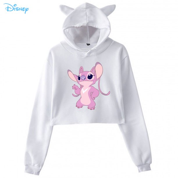 Disney Lilo Stitch Funny Print Hoodies Oversized Streetwear Fashion Cool Black Drawstring Short Crop Hoodie Women Cat Ears HoodL Gao Jinjia LED