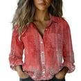 thumbnail image 2 of Oversized Tshirts for Women, Long Sleeved Printed Button Down Shirt Top, Red XL, 2 of 5