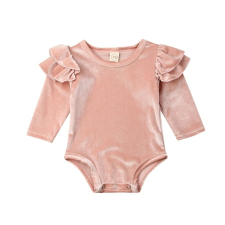 

Musuos Baby Girls Long Sleeve Romper Velvet Solid Color Ruffle Fly Sleeve Jumpsuit Newborn Autumn One Piece Clothes 0-18M