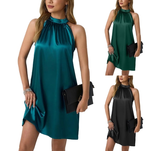 THDHVS Wedding Guest Dresses for Women,Womens Dresses,Halter Neck Satin A Line Dress Sleeveless Solid Color for Special Occasion Blue