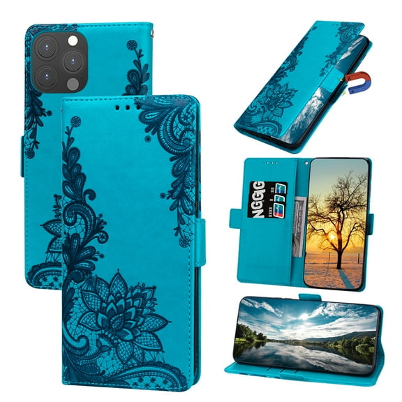Nalacover Wallet For iPhone 14 Pro 6.1 inch Case,Full Protection Embossed Lotus Pattern PU Leather Flip Kickstand Card Slots Shockproof Magnetic Cover with Wrist Strap.For iPhone 14 Pro,Blue