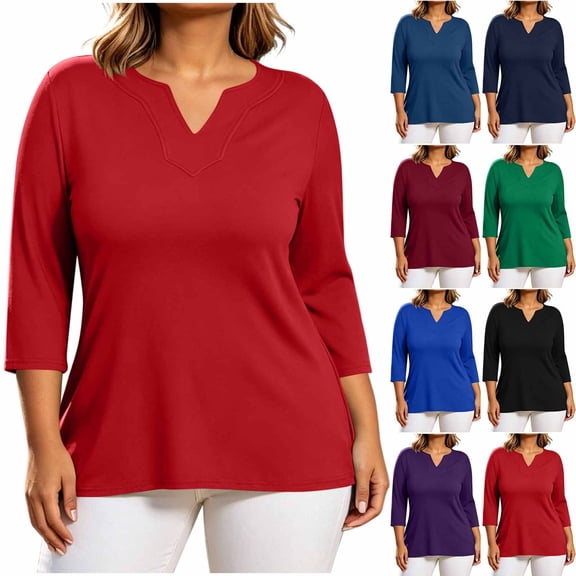 GERsome Plus Size 3/4 Sleeve T-Shirts for Women V-Neck Loose Fit Casual Trendy Blouses Red L