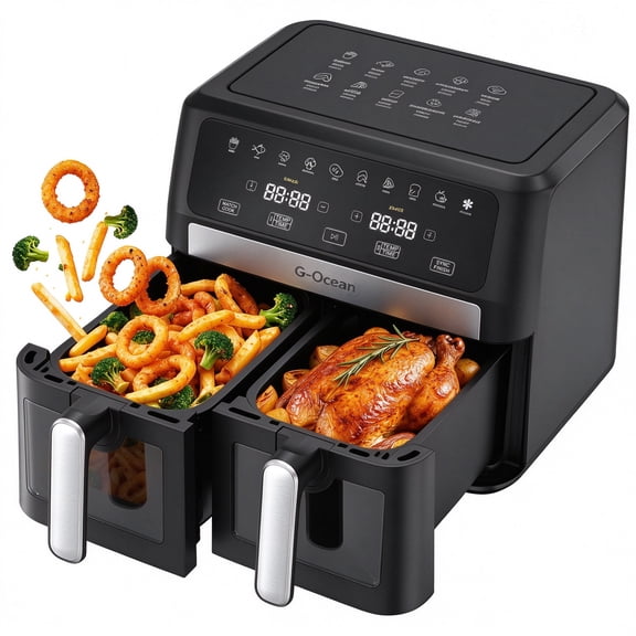 G-Ocean 9.5 Qt 2 Basket Air Fryer, Sync Match Cook, Independent Dual Controls, 10-in-1 Functions, Black
