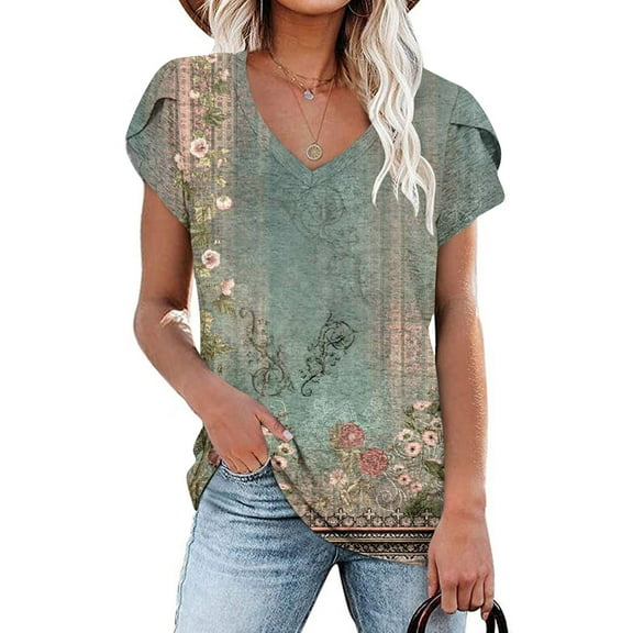 Babysbule Womens Blouses Fashion Women's Summer V-Neck Short Sleeve Floral Printed Casual T-shirt Blouse