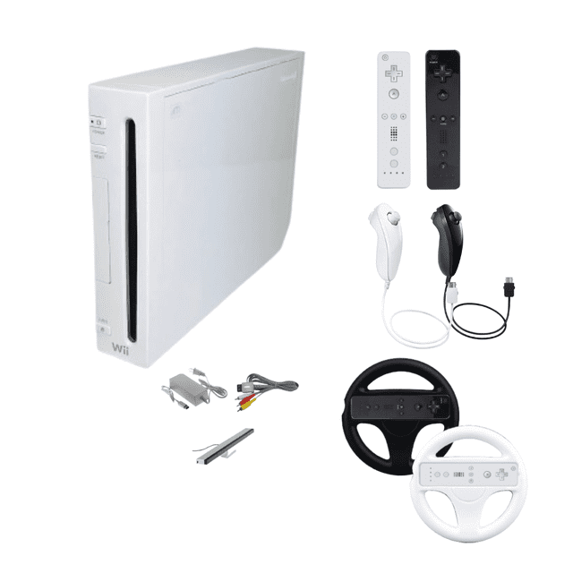 Nintendo Wii Console White Bundle with 2 Controllers, 2 Nunchuks, 2 Wheels (Black & White) (Refubished)