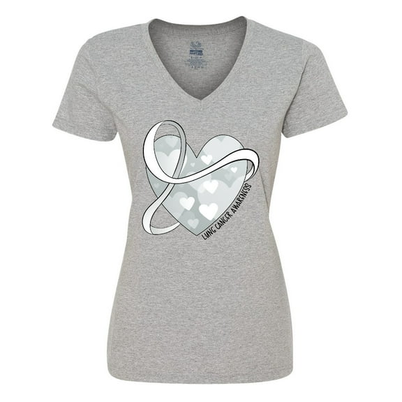 Inktastic Lung Cancer Awareness White Ribbon Around Heart Women's V-Neck T-Shirt
