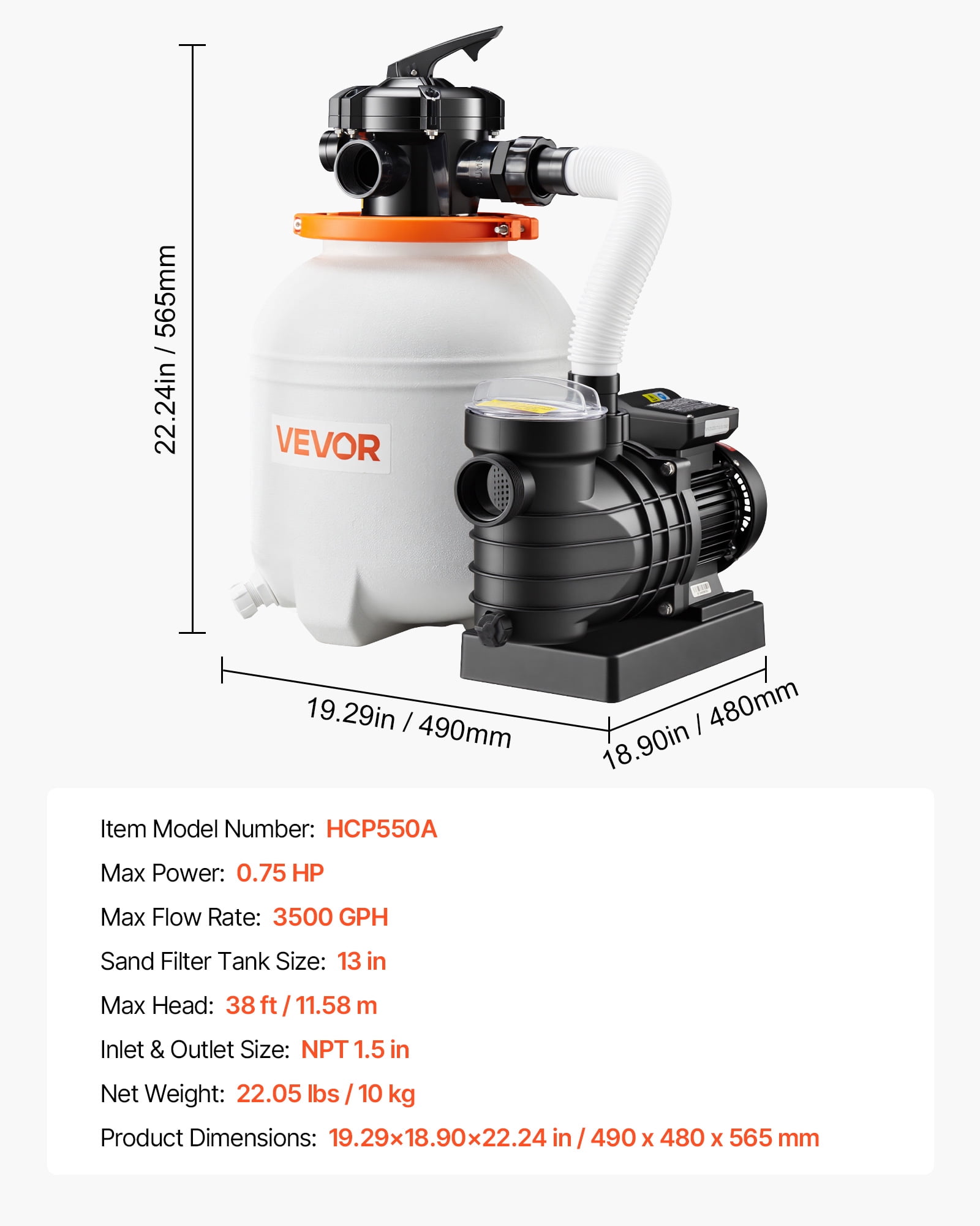 VEVOR 13" Sand Filter Pump for Above Ground Pool, 0.75 HP 3500 GPH Pool Pump with 6-Way Valve, Pre-Assembled Core & Leak-Resistant Connections, High-Efficiency Filtration System