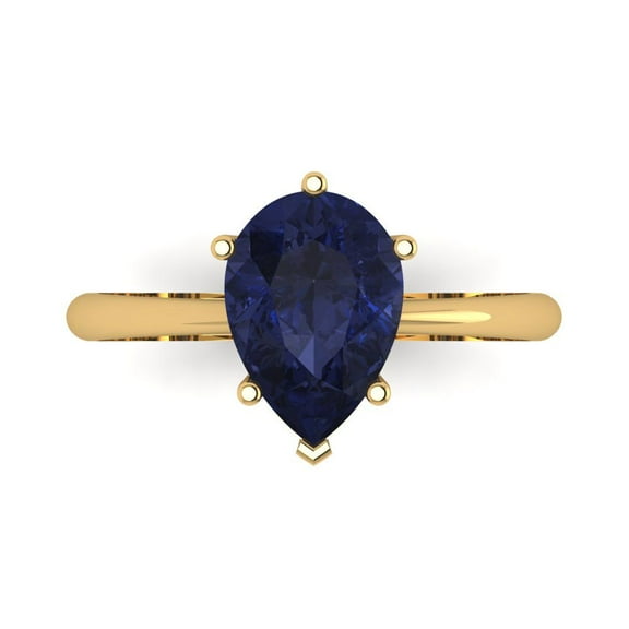 2 ctw Solitaire Anniversary Ring for Women | Pear Cut Simulated Blue Sapphire | Hyperallergenic Solid 14K Yellow Gold