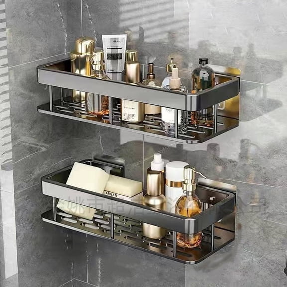 Black Double Tier Aluminum Alloy Bathroom Shelf – No-Drill Rustproof Soap & Toothpaste Holder for Shower Storage, Wall Mount Bathroom Organizer