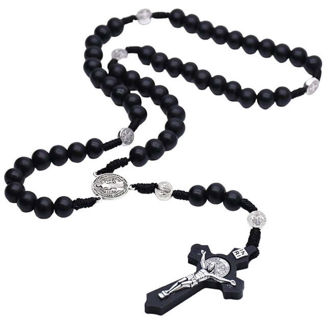 Rosarios de Madera CatholicDivin01 1Pza 45cm 5.3x3.1cm Cruz Cuentas 10mm Madera Negro.