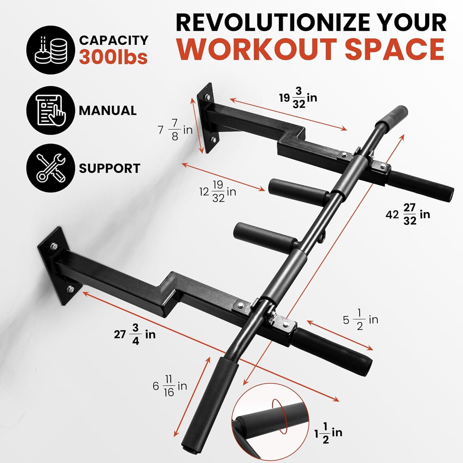 Yes4All Wall Mounted Pull Up Bar, Steel 16 & 24 in