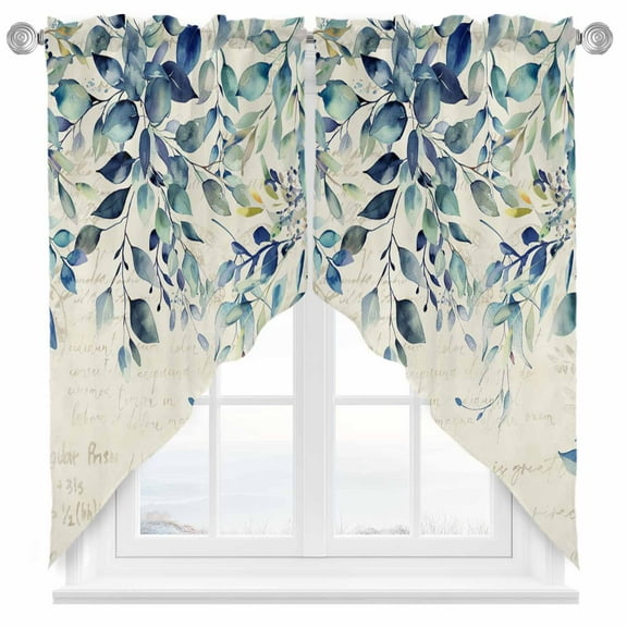 Pastoral Floral Plant Swag Valances for Windows 2 Pack Sage Blue Eucalyptus Leaves Beige Swag Kitchen Curtains 36 Inches Long Rod Pocket Short Window Treatment for Kitchen Bathroom 36"x36"