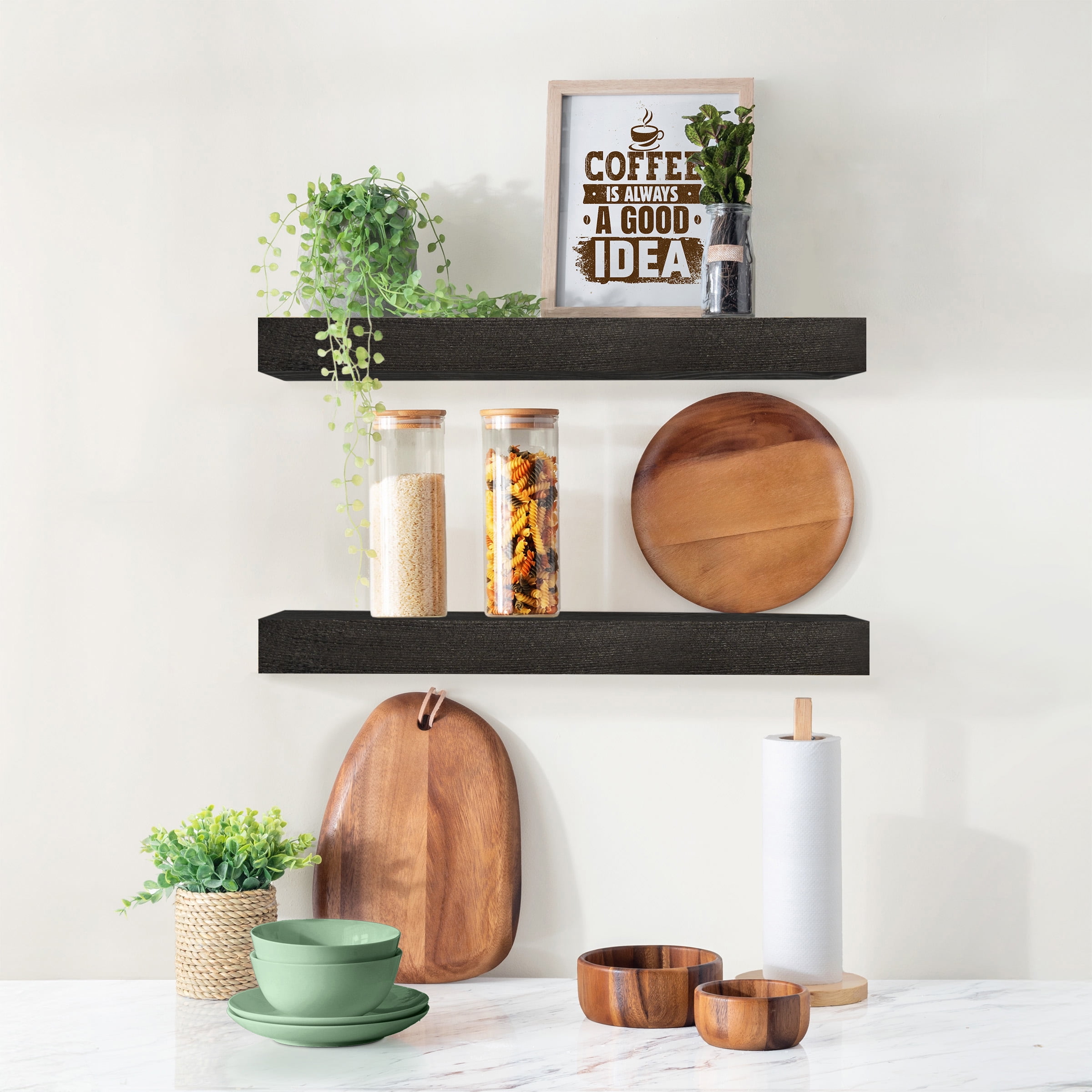 Sorbus 16" Black Floating Shelves, Set of 2 Solid Pine Wood Wall Shelves for Bathroom, Kitchen, Bedroom & Living Room Décor