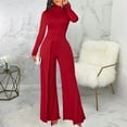 thumbnail image 4 of Womens Long Sleeve Turtleneck Jumpsuit for Casual Work Elegant Solid Color Loose Wide Leg Pants Cocktail Rompers, 4 of 7