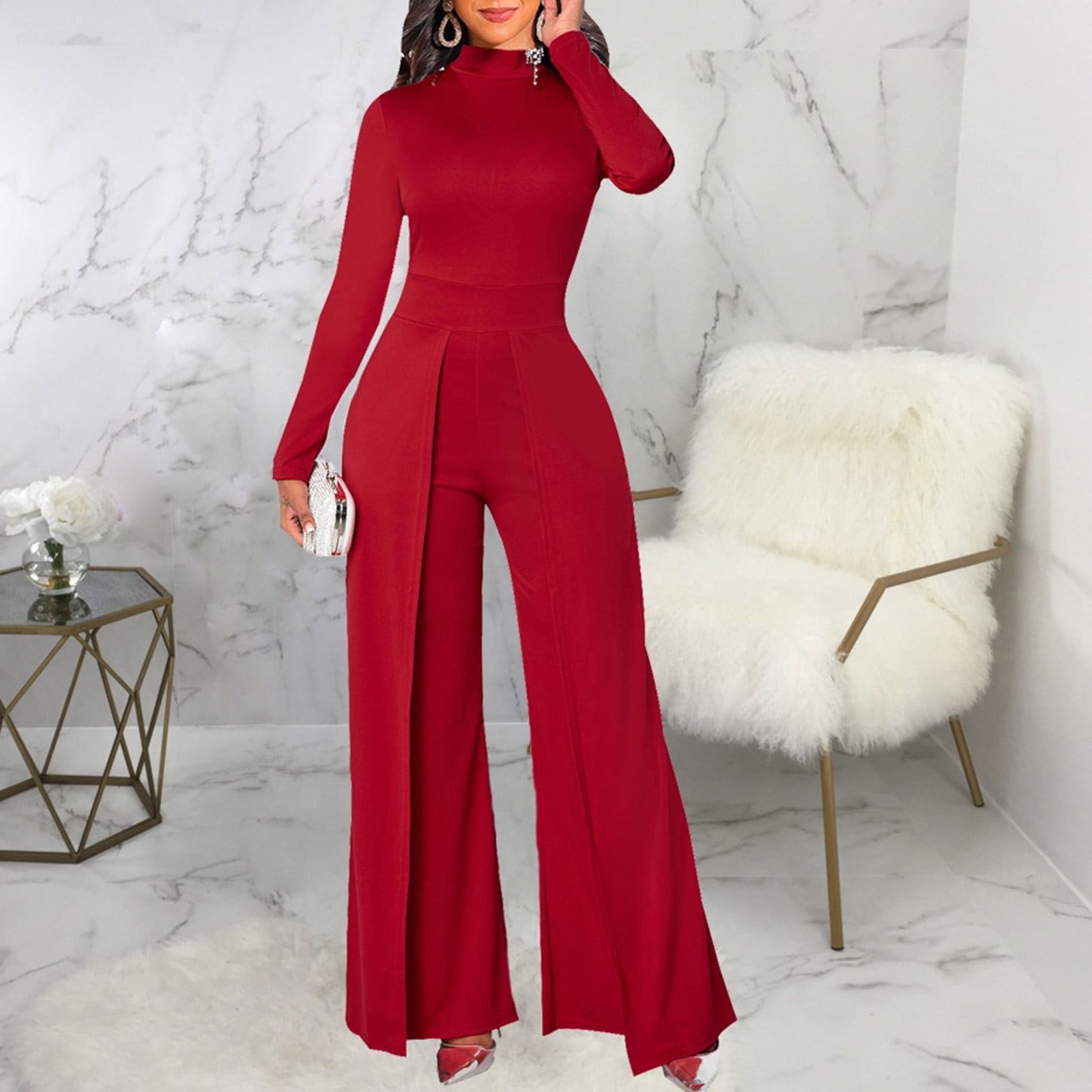 Womens Long Sleeve Turtleneck Jumpsuit for Casual Work Elegant Solid Color Loose Wide Leg Pants Cocktail Rompers Walmart