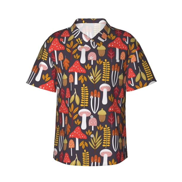 Fotbe Mushrooms And Leaves Camisa Hawaiana para Hombre Unisex – Camisa Casual de Verano con Botones de Manga Corta de Algodón y Lino,3X-Large