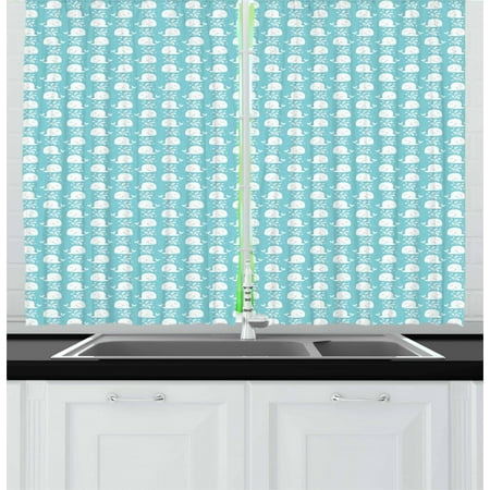 Blue And White Curtains 2 Panels Set Doodle Pattern With Waves And Funny Whales Ocean Life Illustration Window Drapes For Living Room Bedroom 55w X