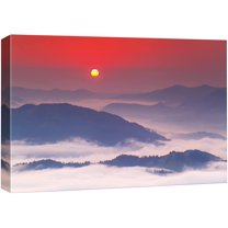wall26 Canvas Print Wall Art Orange Sun & Red Sky Over Foggy Mountains Nature Wilderness Photography Modern Art Rustic Scenic Colorful Multicolor for Living Room, Bedroom, Office - 32"x48&qu