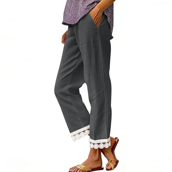 Cutuoiiu Women's Summer Elastic Waist Linen Look Pants, Lace Trim Loose Fit Cropped Trousers with Pockets Gift