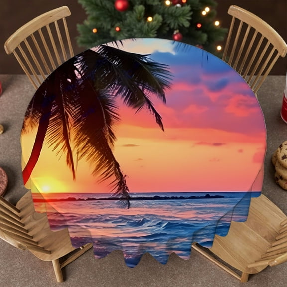 RKSupls 60 Inch Round Tablecloth - Tropical Sunset Palm Print, Kitchen Accessories Polyester Tablecloths Stain Resistant & Washable Decor