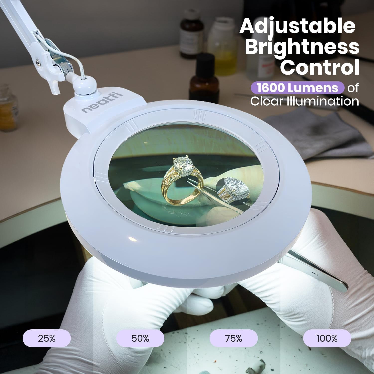 Neatfi Professional LED Magnifying Lamp with Clamp, 1600 Lumens, Dimmable, Adjustable Arm, Magnifier Light for Sewing, Crafts, Reading & Hobby Projects, White