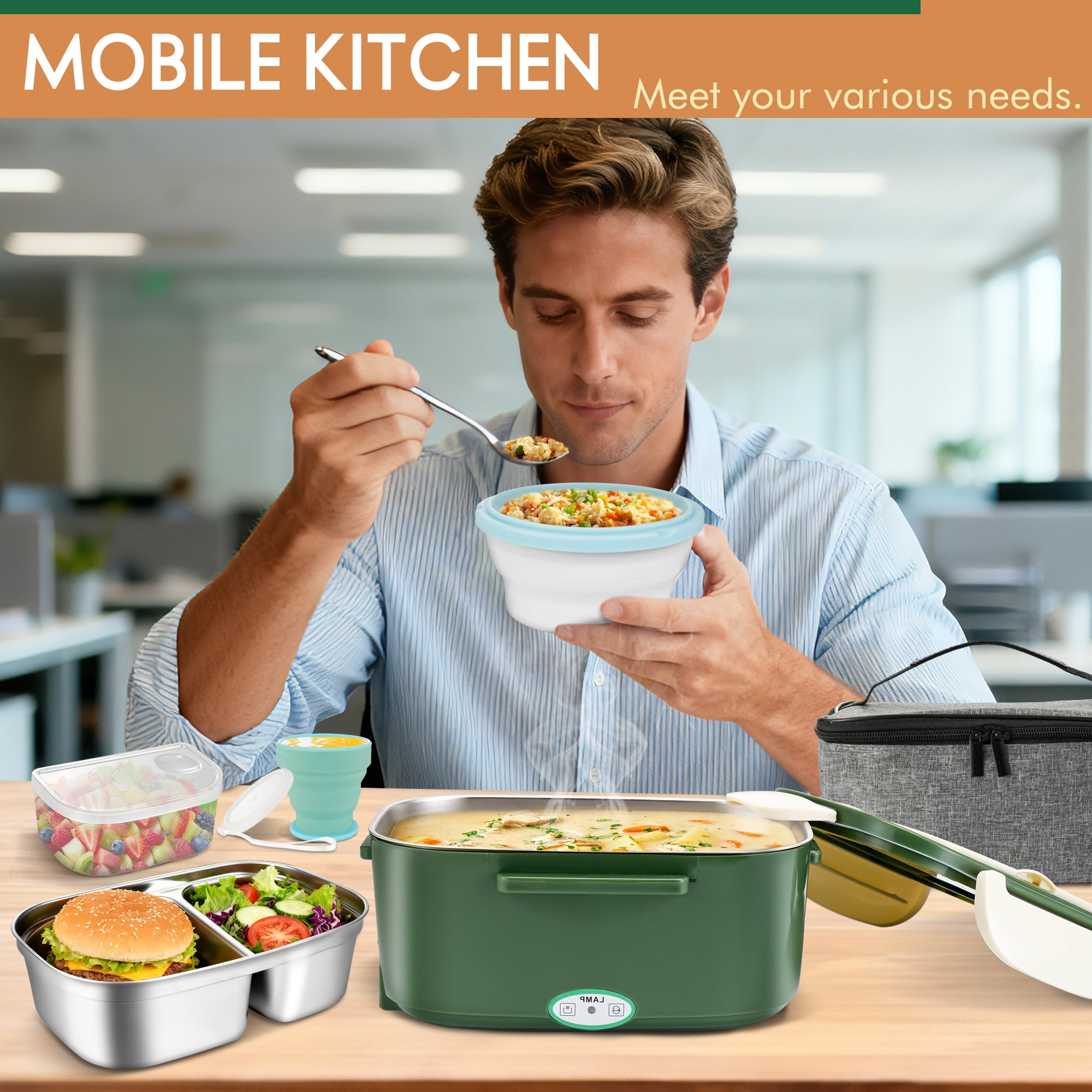 Electric Heated Lunch Box for Adults, 4 IN 1 Heating Lunch Box with 2 Pack 1.5L Container, 80W Lonchera Eléctrica Portátil, Food Warmer for Car/Truck/Office, Gift for Men (Green)