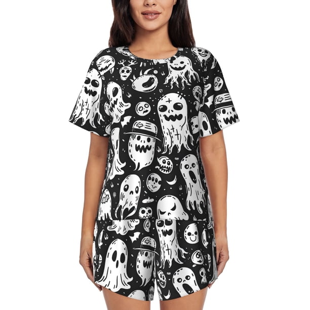 Balery Black White Spooky Ghosts Conjunto de Pijama para Mujer con Estampado, Dos Piezas de Manga Corta y Shorts, Ropa de Dormir Suave con Cuello Redondo y Bolsillos-3X-Large