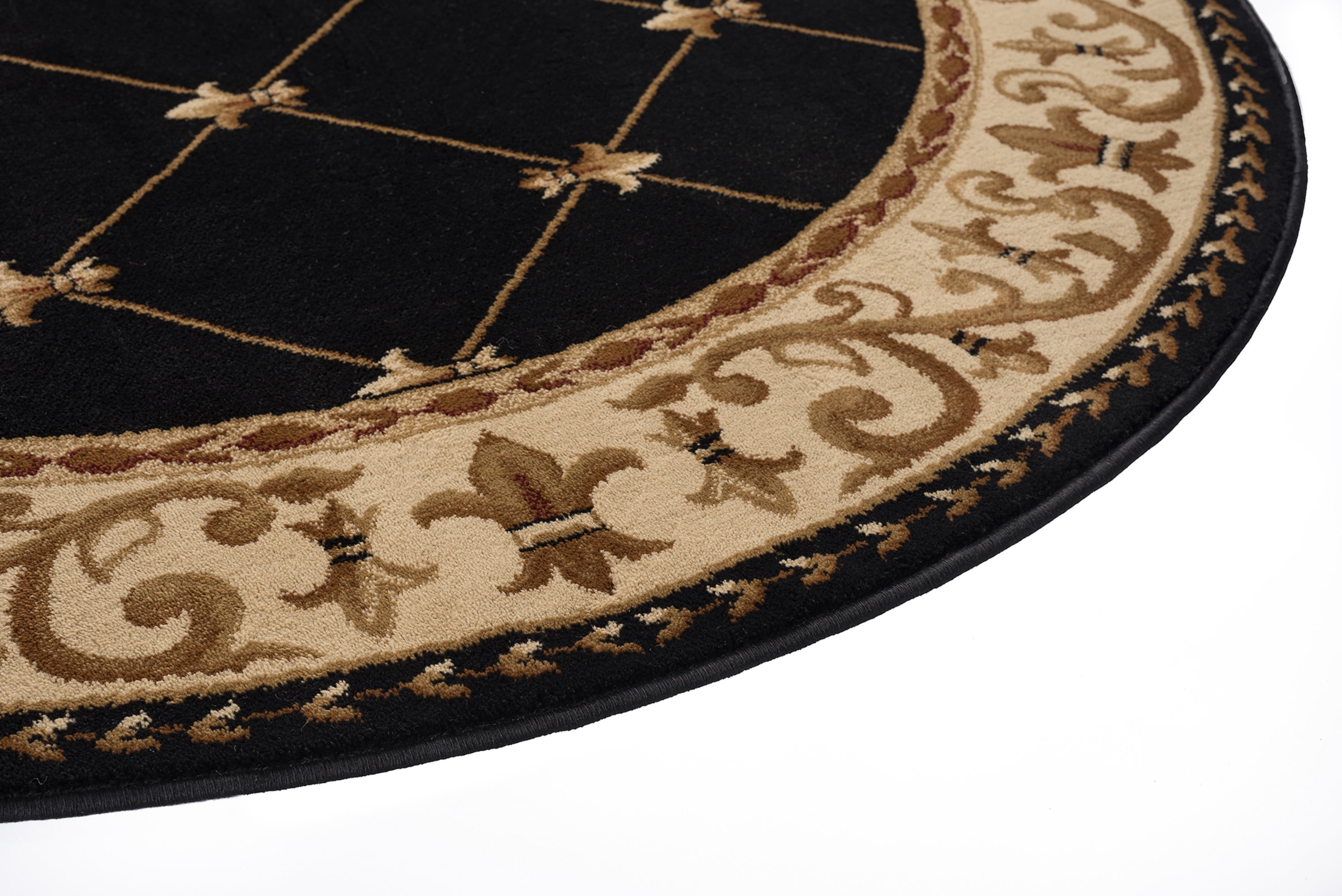 Sensation Traditional 5' Round Black and Beige Polypropylene Indoor Area Rug