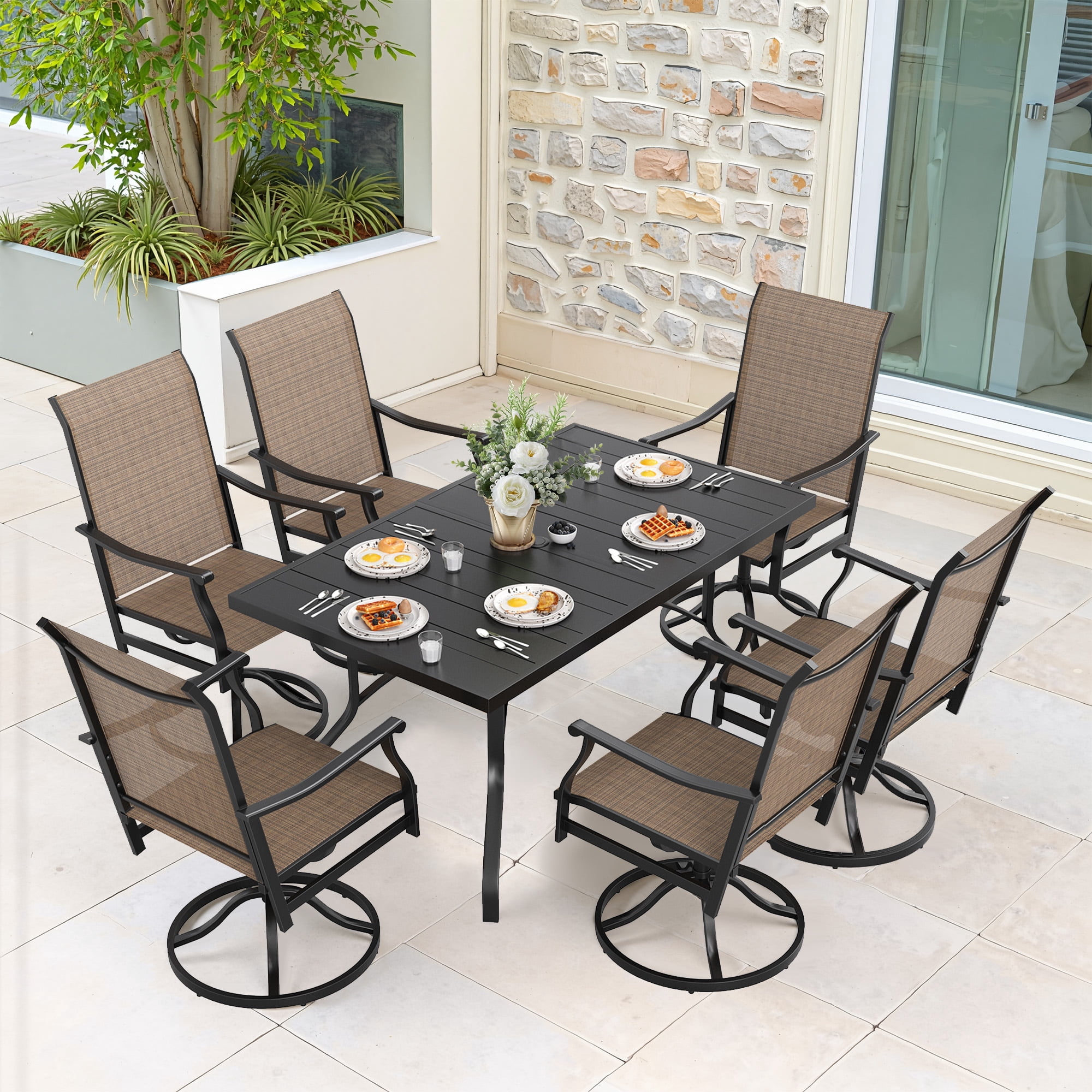 MAYEERTY 7-Piece Patio Dining Set:1 Black Rectangular Table with 1.57" Umbrella Hole & 6 Brown Swivel Textilene Chairs