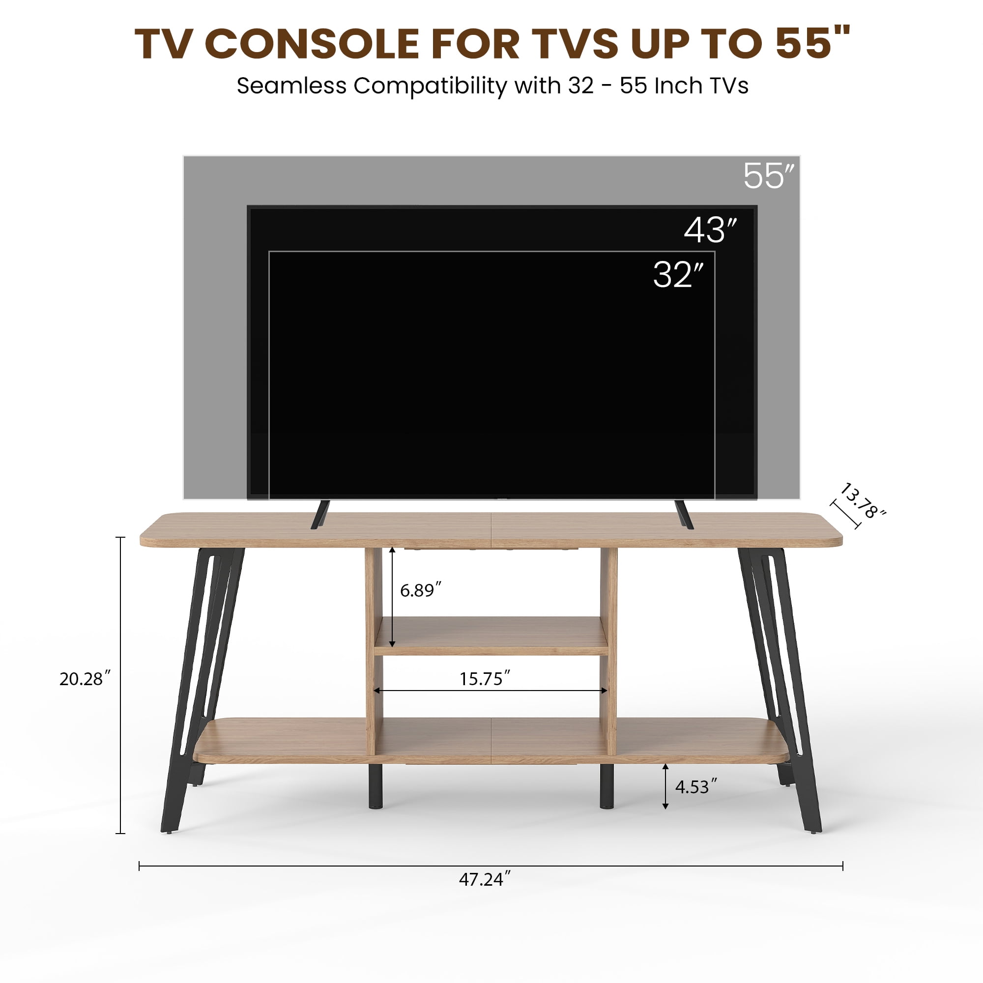 Manxile Mid Century Modern TV Stand for TVs up to 55", Entertainment Center with 2 Open Storage Shelves, Natural