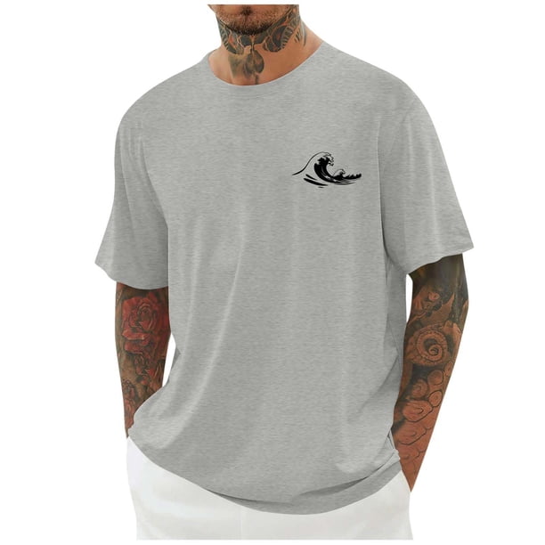 Camisetas de Manga Larga para Hombre Impresión de Algodón Cuello Redondo Moda Casual Camiseta de Manga Corta, Top de Verano Suave