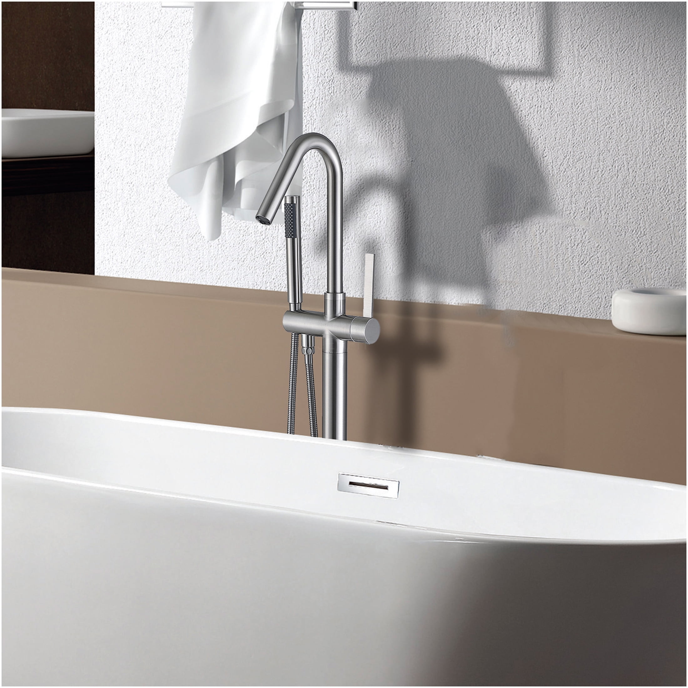 JERFIT Brushed Nickel Freestanding Bathtub Faucet with Hand Shower, 3.9 GPM High Flow Modern Tub Filler