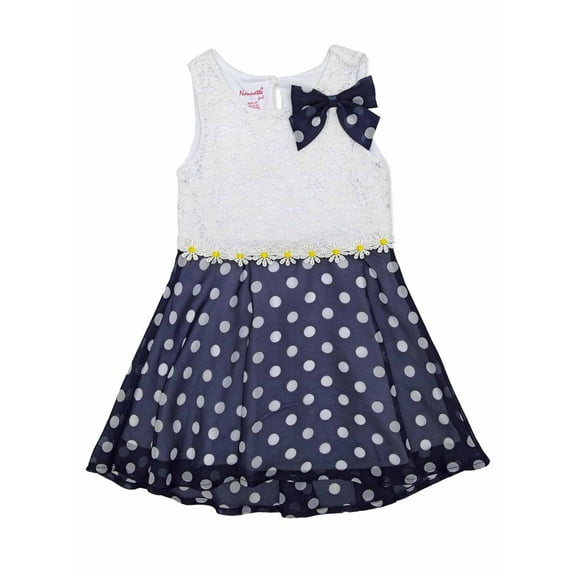 Girls Navy Blue & White Bow Polka Dot Lace Daisy Sleeveless Chiffon Summer Dress