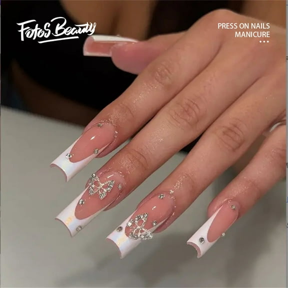 Fofosbeauty 24pcs Press on False Nails Tips, Coffin Fake Acrylic Nails, Brushing Ballet Butterflies White
