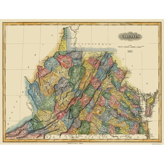 Historic State Map - Virginia - Lucas 1823 - 30 x 23 - Vintage Wall Art