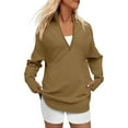 thumbnail image 3 of Women'S Long Sleeve Quarter Zip Pullover Sweater Casual Loose V Neck Collared Ribbed Knit Tops Brown M, 3 of 8
