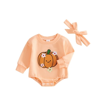 

Binshrliy Newborn Baby Girl Boy Halloween Rompers Long Sleeve Pumpkin Floral Print Bodysuits + Headband 3M 6M 12M 18M Infant One Piece Jumpsuit