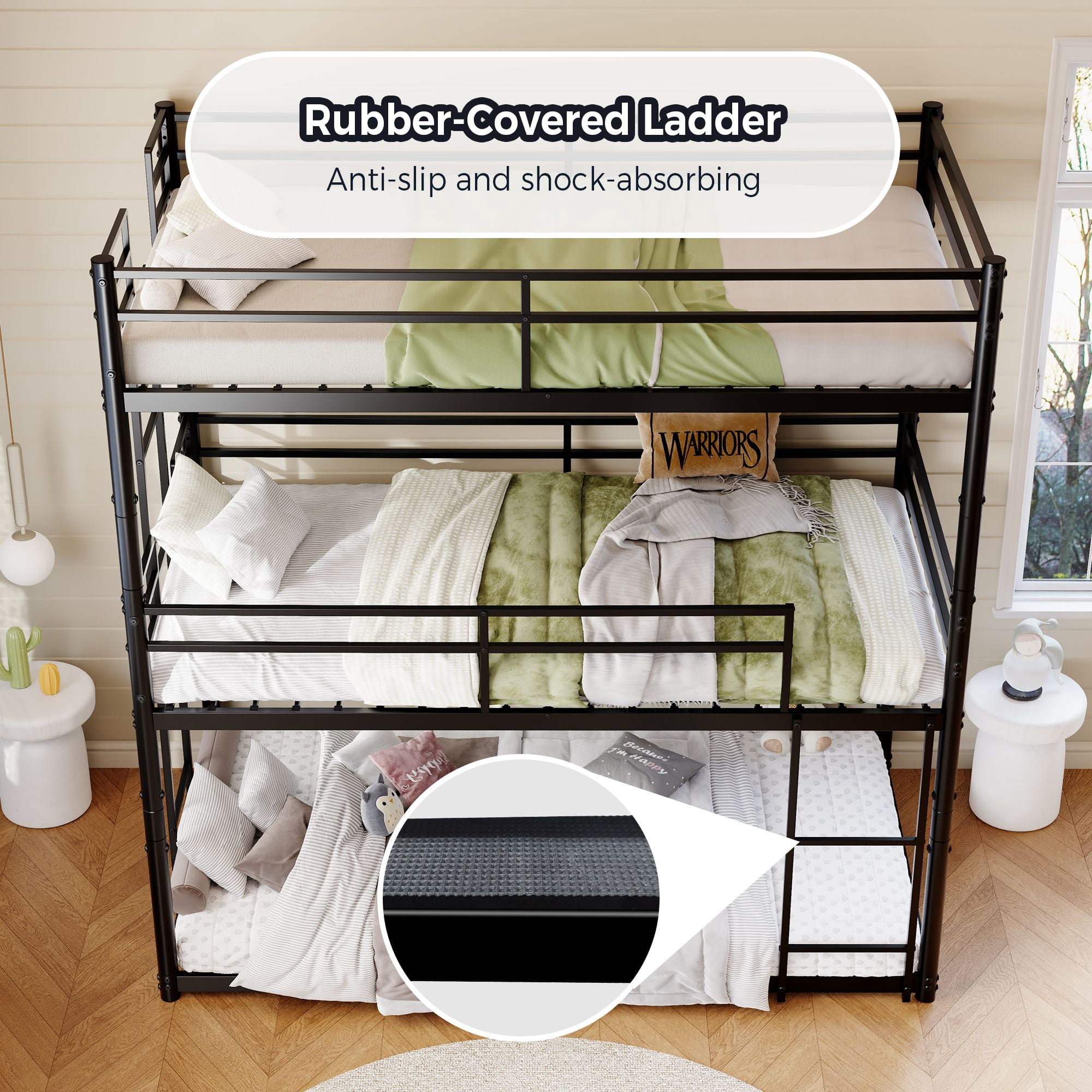 Alvantor Heavy Duty Triple Twin Metal Bunk Bed, 3-in-1 Convertible Frame, Black