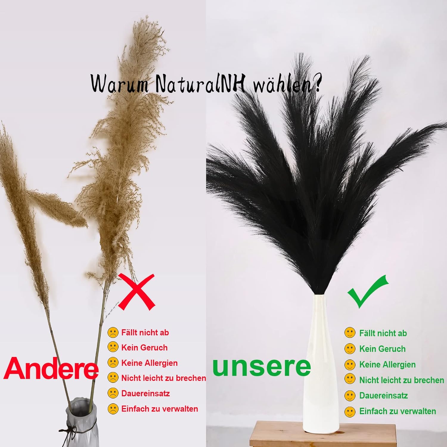 Decorative Pampas Grass, 5 Stems, 39 Inch/100cm, Artificial Pampas Grass Feathers, Dried Flowers, for Bohemian Style, Living Room, Bedroom and Vase Decoration (Black)