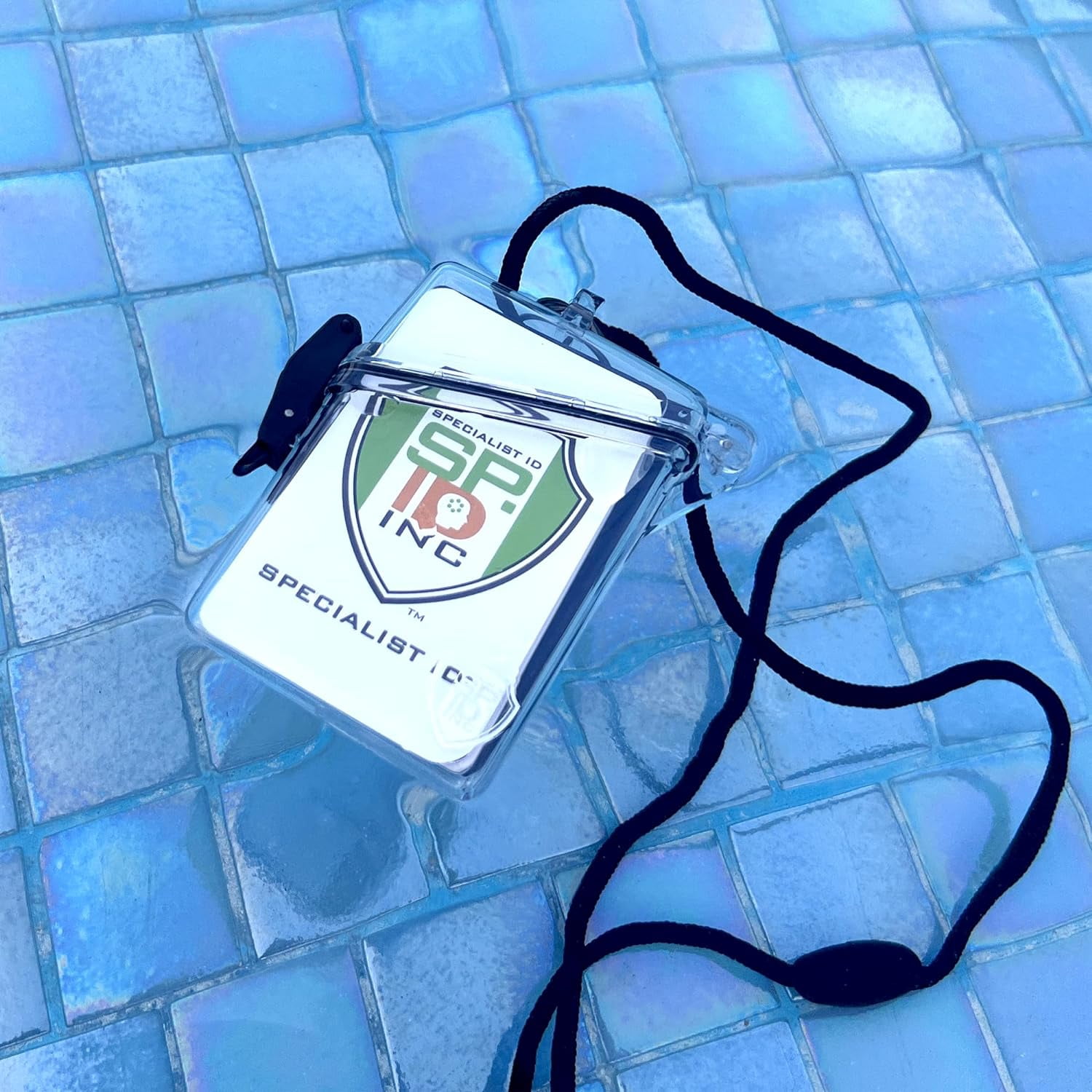 Waterproof ID Badge Holder with Lanyard & Clip - Money Holder for Swimming, Beach or Cruise - Clear Hard Plastic Water Proof Case for Key, Credit Cards & Travel by Specialist ID (Clear)