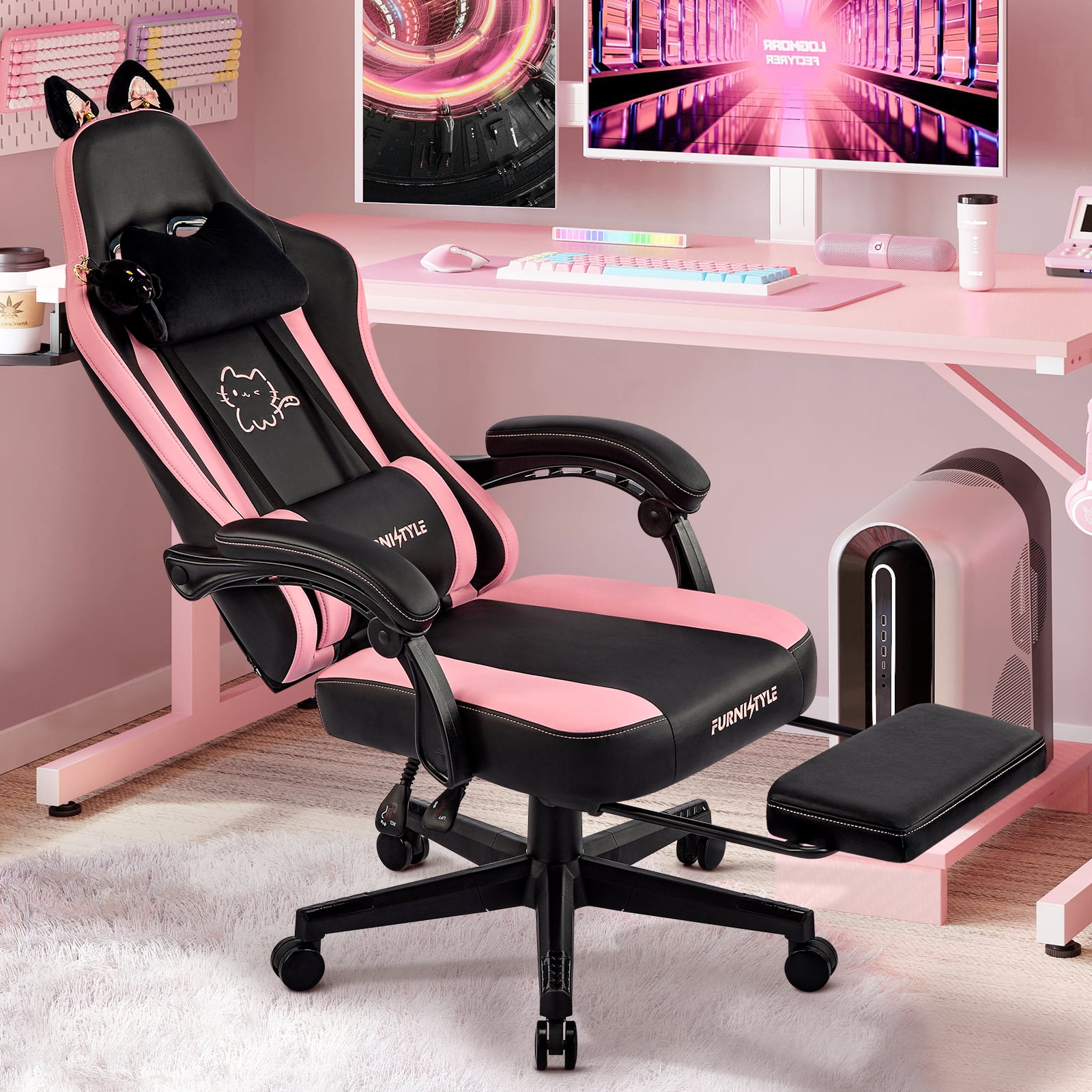 Falvinoryn Cute Gaming Chair, Ergonomic Computer Chair with Cat Ears for Girl, Lumbar Support and Headrest, Reclining Game Chair with Footrest. Black